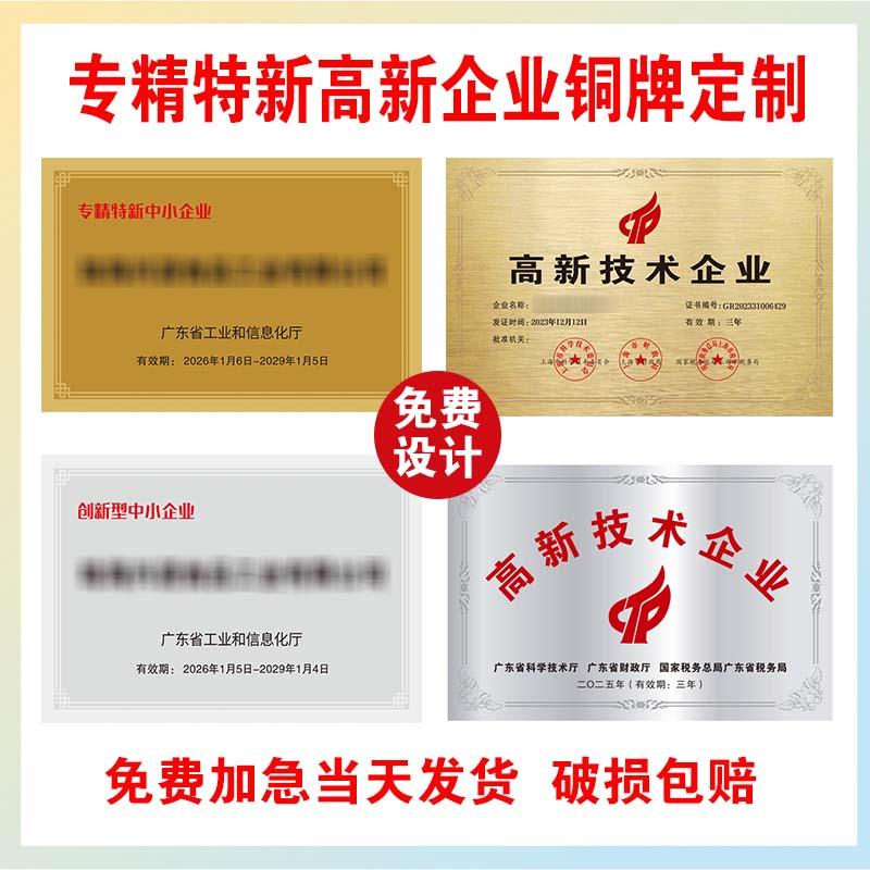 广东省专精特新中小企业小巨人牌匾高新技术企业铜牌定做制作