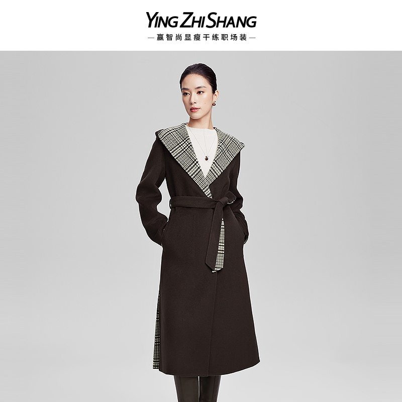 深咖绿小X型长袖长款大衣