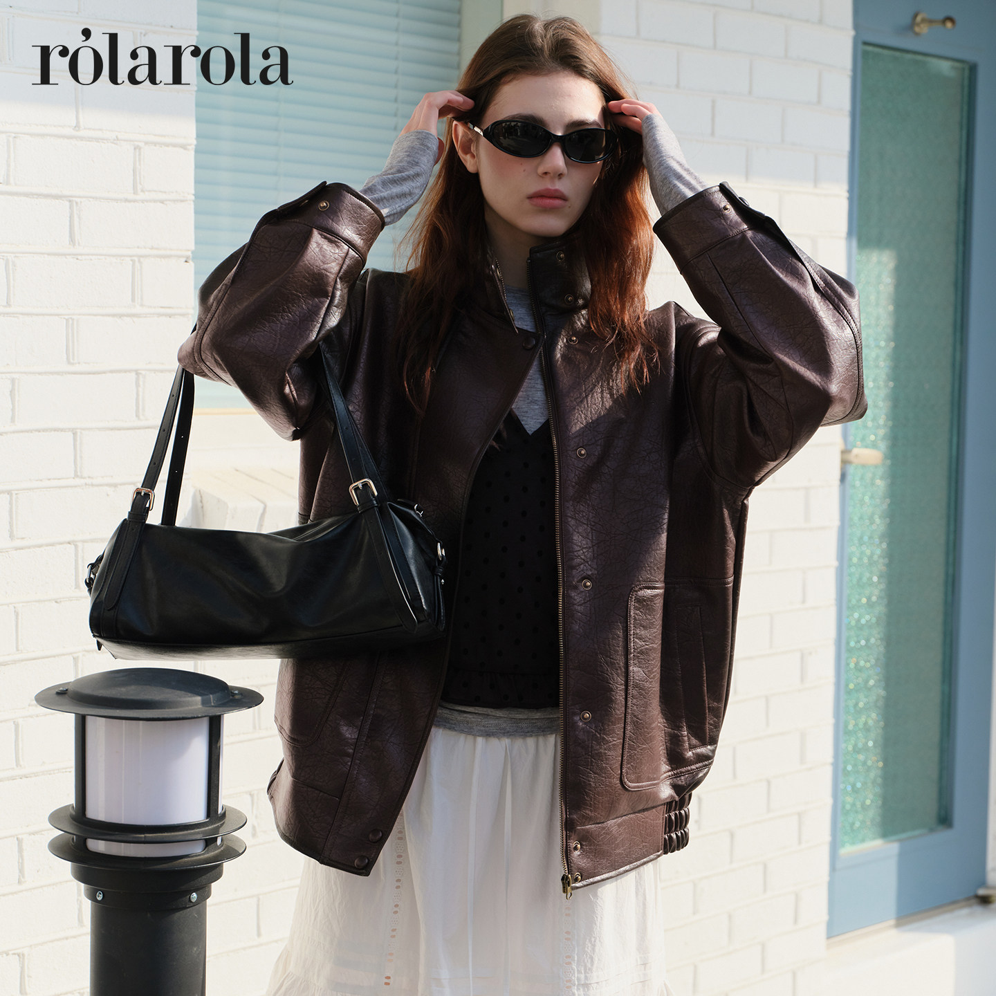 [张元英同款]rolarola26年新立领人造皮衣廓形夹克机车风外套