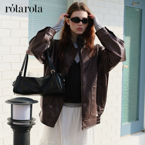 [张元英同款]rolarola26年新立领人造皮衣廓形夹克机车风外套