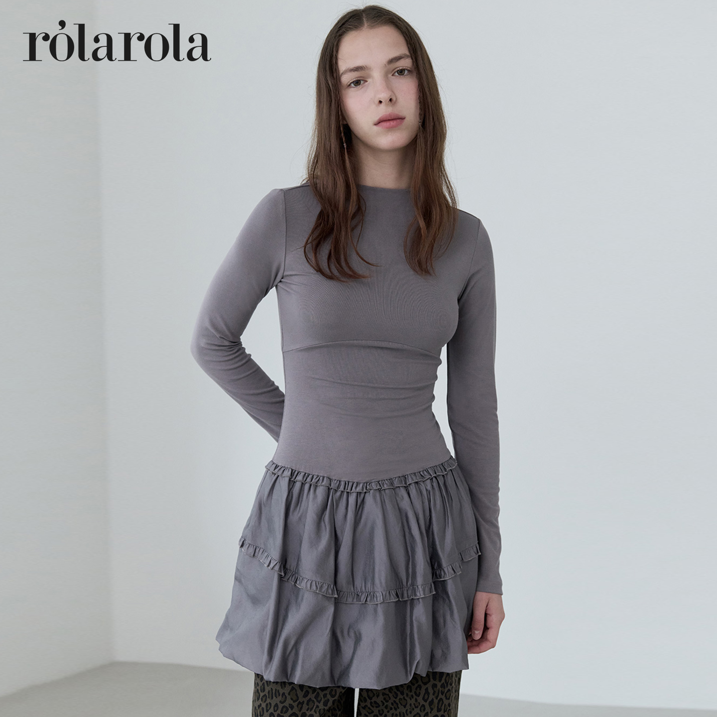 ROLAROLA25年早秋新款针织拼接长袖连衣裙女修身显瘦打底泡泡裙