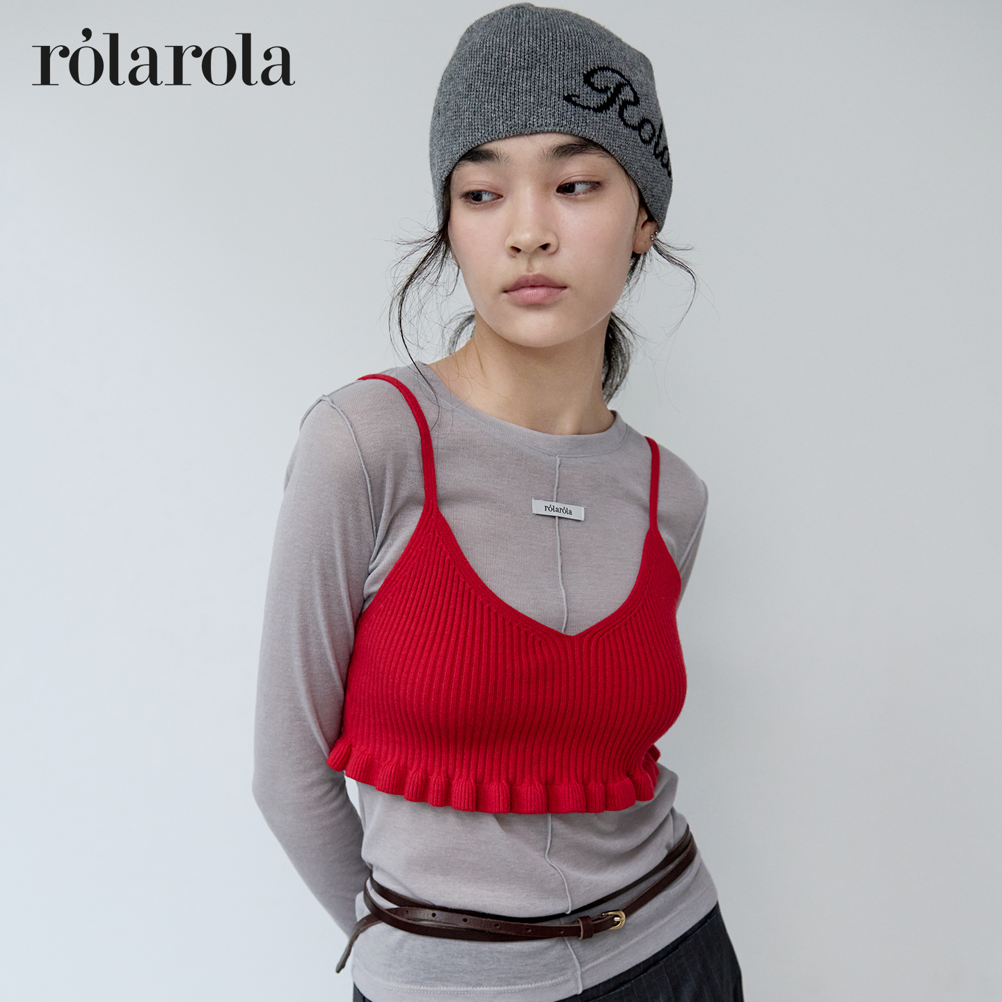 ROLAROLA2025年秋季新款叠穿针织小吊带女修身内搭荷叶边v领背心