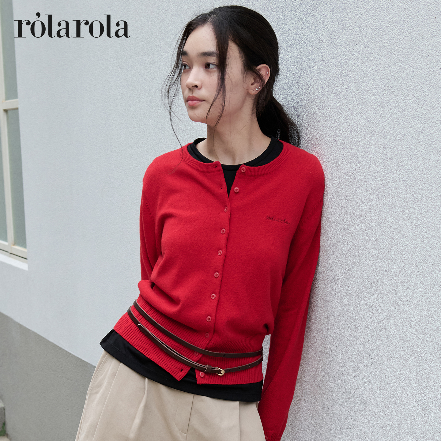 ROLAROLA25年秋季新款圆领羊毛针织开衫女刺绣简约百搭毛衣外套