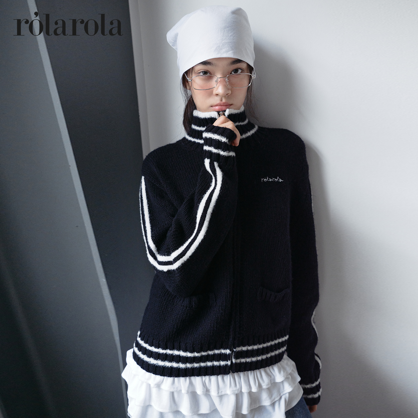 [张元英同款]ROLAROLA25年秋高领长袖针织开衫女撞色拉链羊毛外套