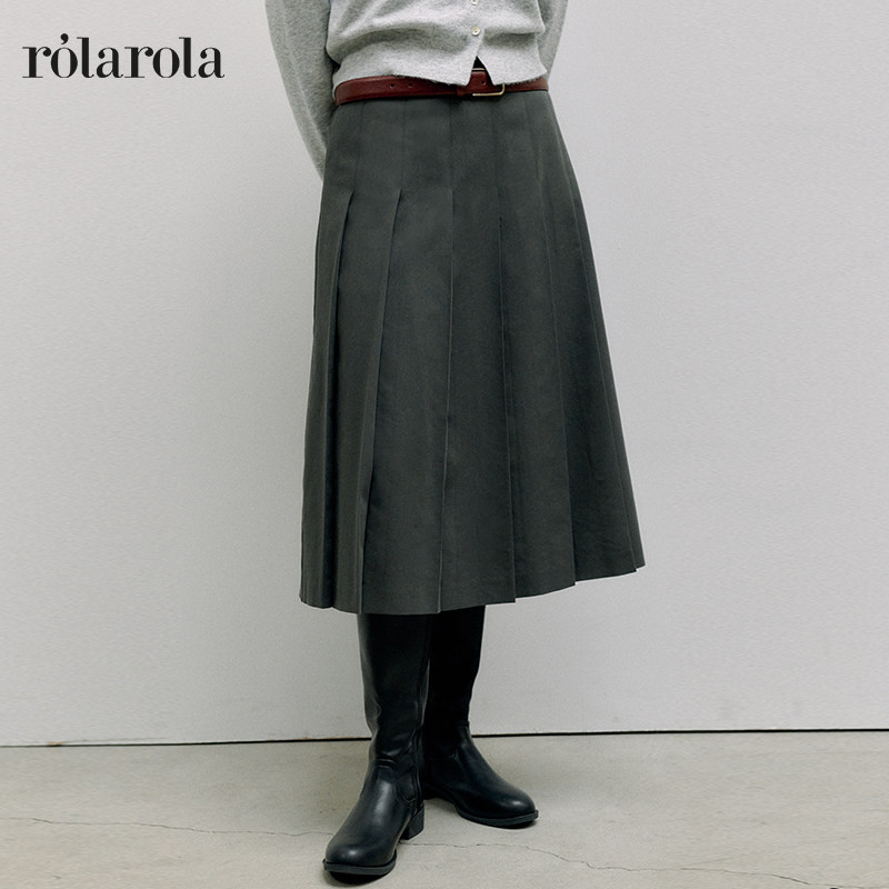 ROLAROLA春款高腰显瘦学院风百褶裙女中长款A字半身裙百搭