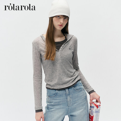 ROLAROLA2026年新品假两件撞色挂脖修身连帽长袖T恤设计感上衣