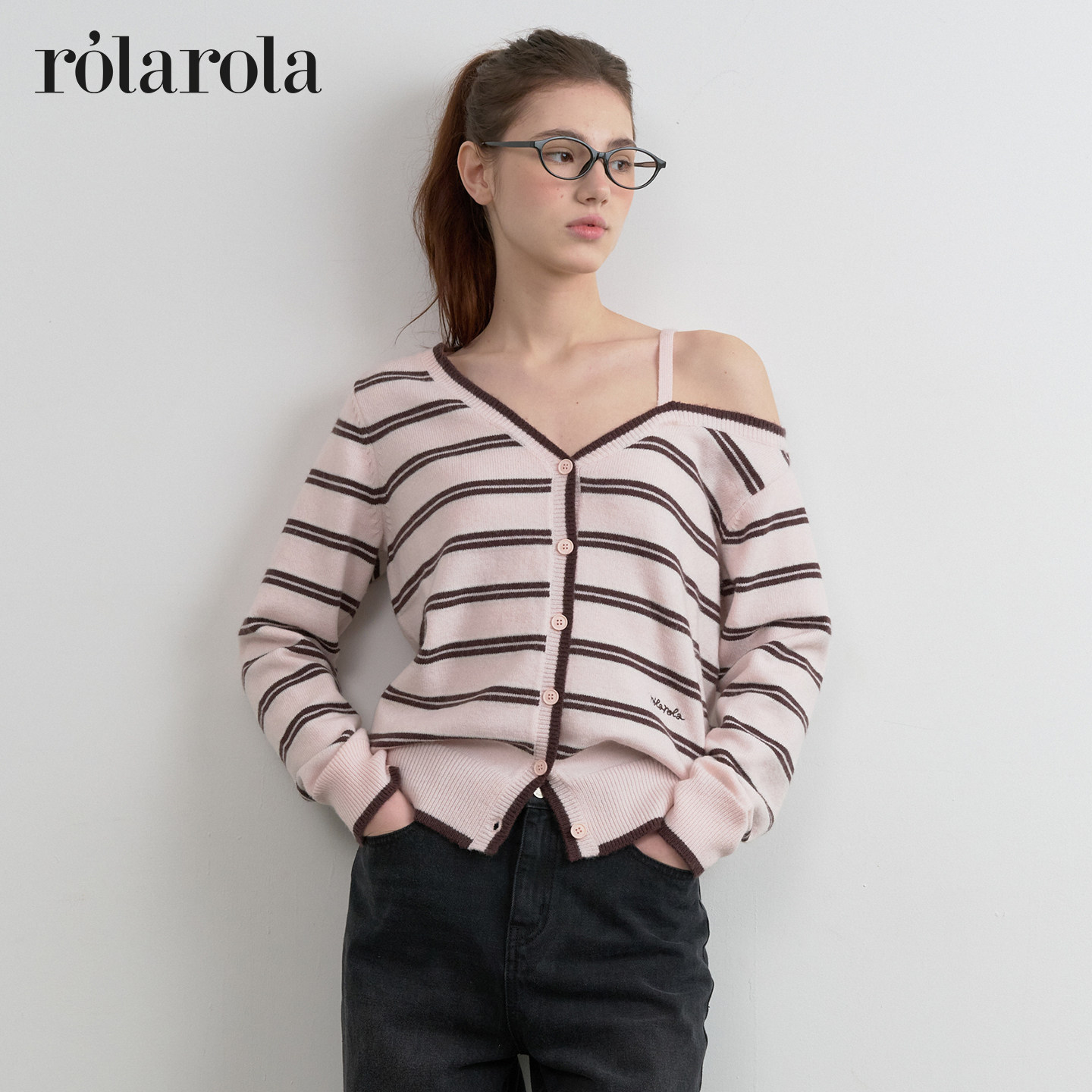 [张元英同款]ROLAROLA羊毛V领露肩针织开衫设计性感上衣
