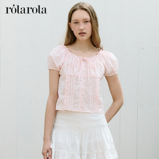 T恤短上衣 ROLAROLA25年夏新款 法式 甜美少女镂空短袖 蕾丝刺绣衬衫