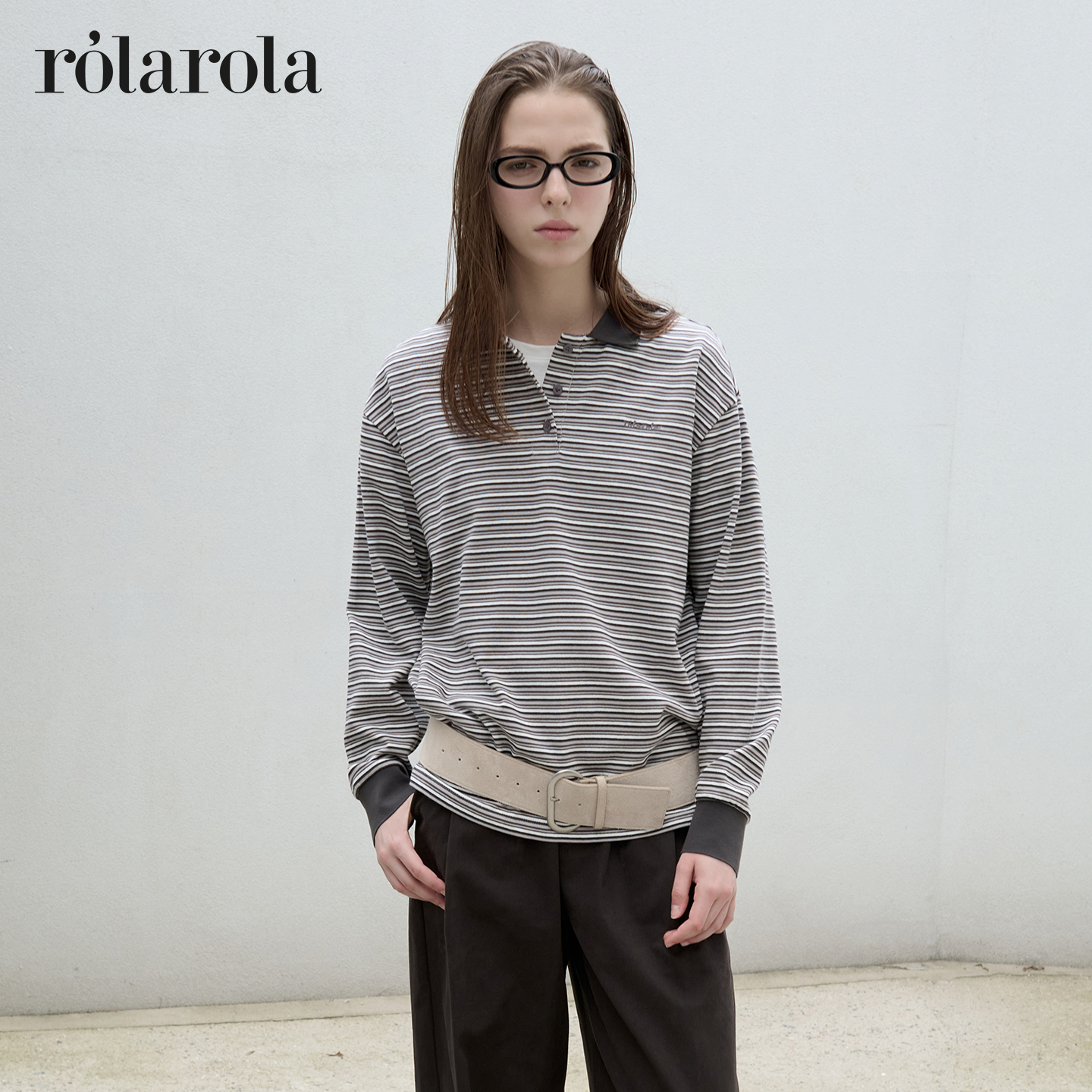 [张元英同款]ROLAROLA25年秋季翻领条纹长袖T恤休闲宽松polo衫