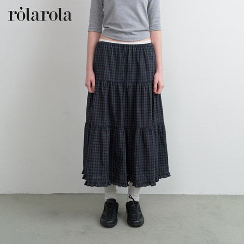 ROLAROLA26年复古格纹身裙中长款荷叶边蛋糕裙新款显瘦A字裙