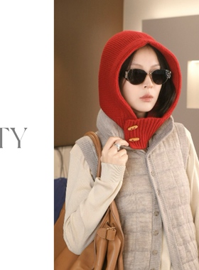 羊毛巴拉克拉法帽毛线针织冬红色帽子冷帽2025新款女围巾围脖一体