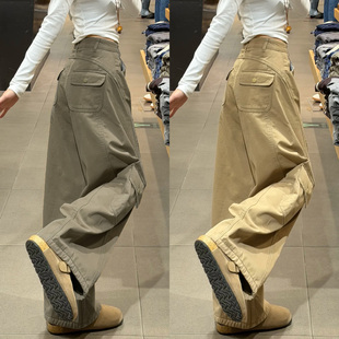 美式加绒工装裤女秋冬季高腰宽松复古休闲小个子设计感弯刀阔腿裤