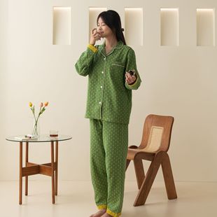 纯棉春款 100%全棉双层纱A类家居服色织长袖 提花睡衣情侣休闲套装