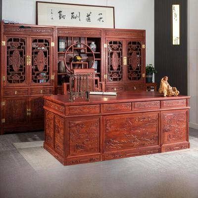 北方老榆木办公桌椅组合中式全实木彷古书法桌大班台办公室老板桌