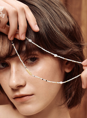 Rainy and Cloudy米黄玉黑发晶珍珠黑条纹斑点手串海蓝宝串珠项链