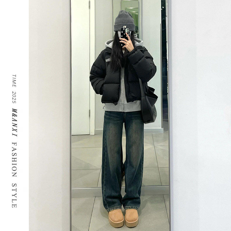 水泥灰窄版阔腿牛仔裤女2025新款加绒高腰宽松显瘦小个子直筒裤子,个性定制/设计服务/DIY,棉服工装,淘宝优惠券,粉丝福利购,淘宝优惠卷