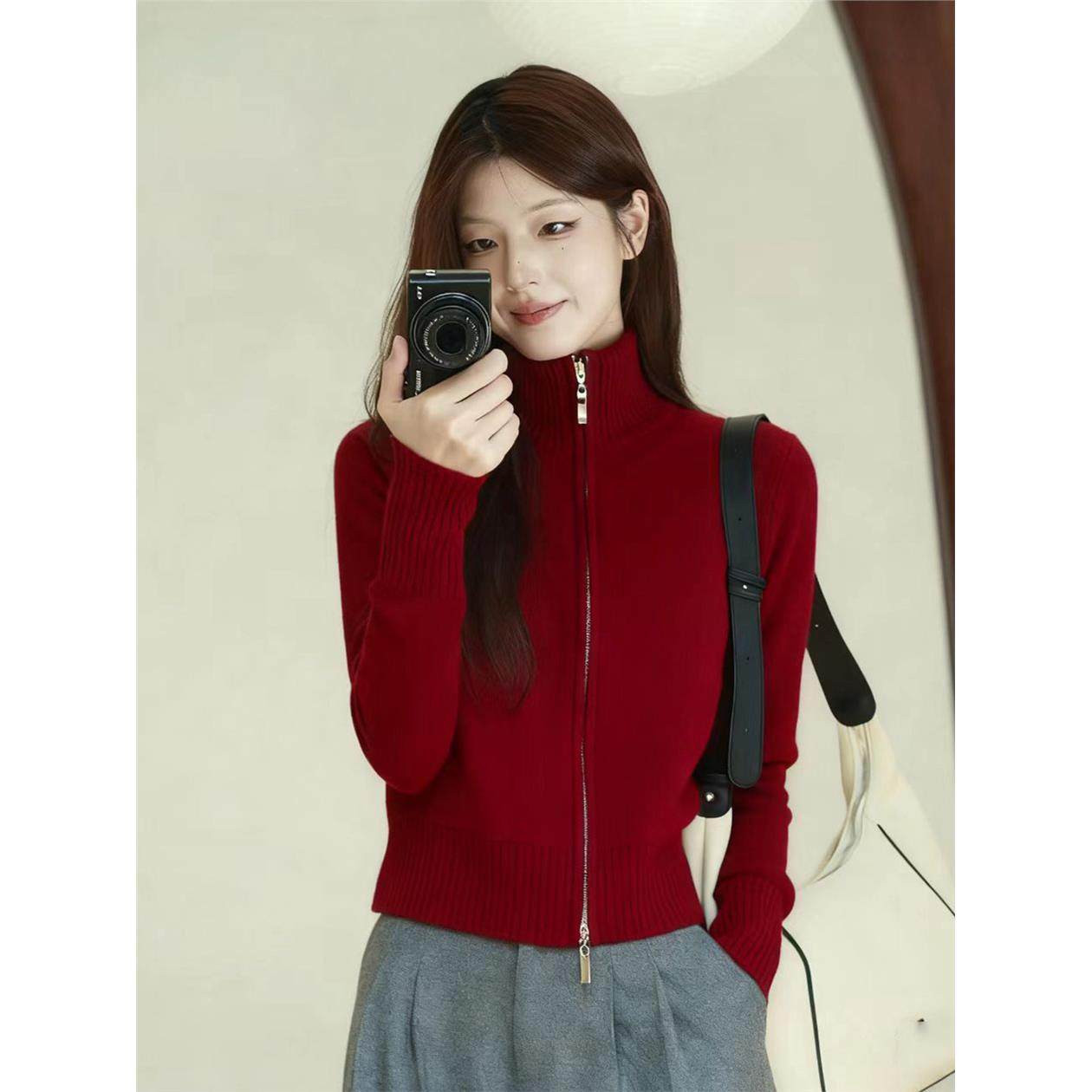 红色立领口袋针织开衫女秋冬新款美拉德穿搭新年小香风毛衣外套厚,个性定制/设计服务/DIY,棉服工装,淘宝优惠券,粉丝福利购,淘宝优惠卷