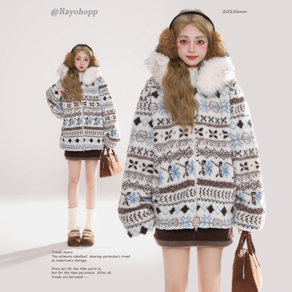 Rayohopp复古费尔岛可拆卸毛领连帽棉服女加绒保暖棉衣外套ins潮,个性定制/设计服务/DIY,棉服工装,淘宝优惠券,粉丝福利购,淘宝优惠卷