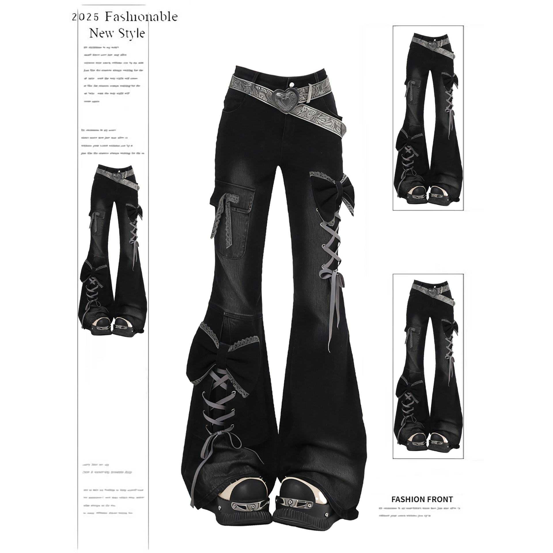 蝴蝶结黑色微喇牛仔裤裤子女款冬季新款设计感工装裤直筒裤喇叭裤