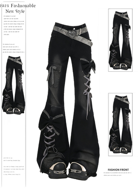 蝴蝶结黑色微喇牛仔裤裤子女款冬季新款设计感工装裤直筒裤喇叭裤