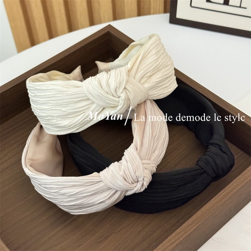 韩版褶皱打结纯色布艺发箍时尚外出发卡宽边气质头箍压发发捆头饰