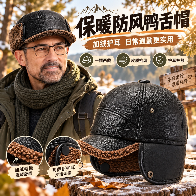 男士帽子护耳棒球帽秋冬季冬天中老年加厚保暖鸭舌帽休闲老人爸爸