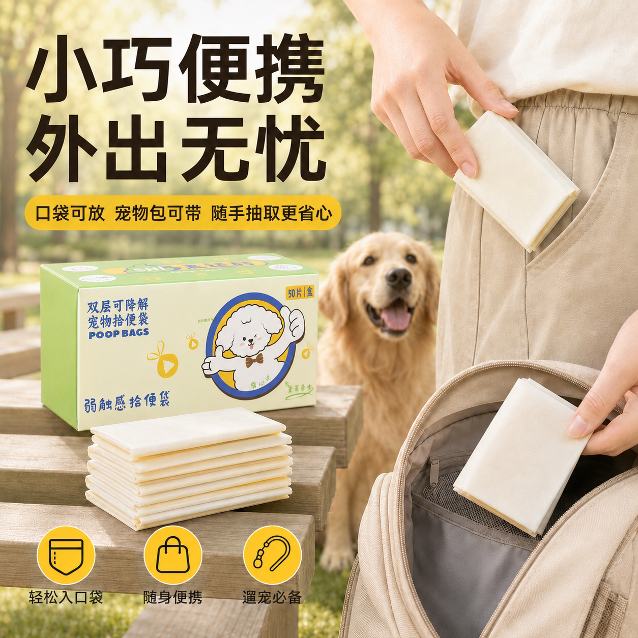 狗狗捡屎袋降解猫砂袋背心提手袋一次性拾便袋双层纸巾宠物垃圾袋