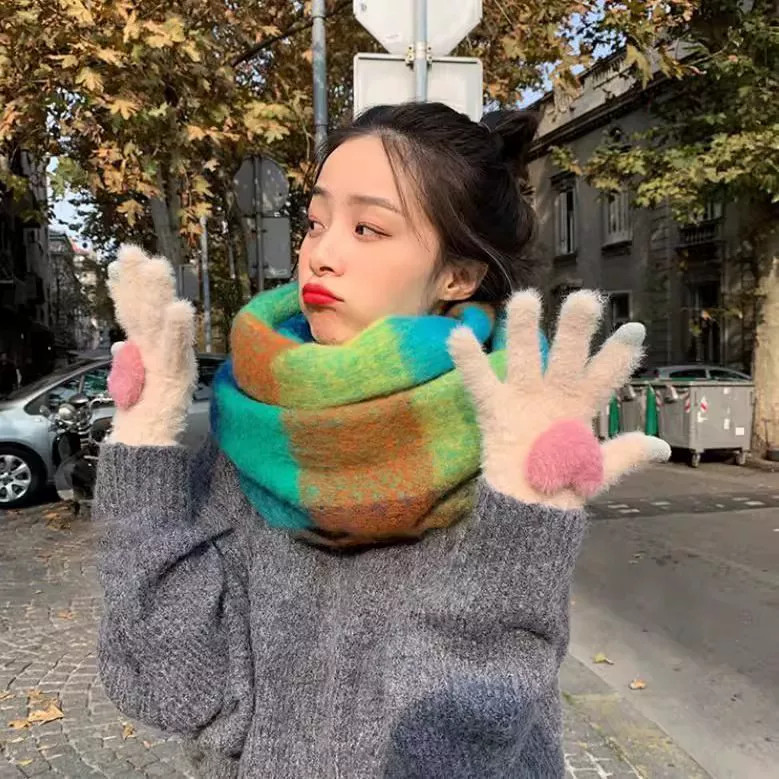 冬季女日系可爱五指加绒毛线手套