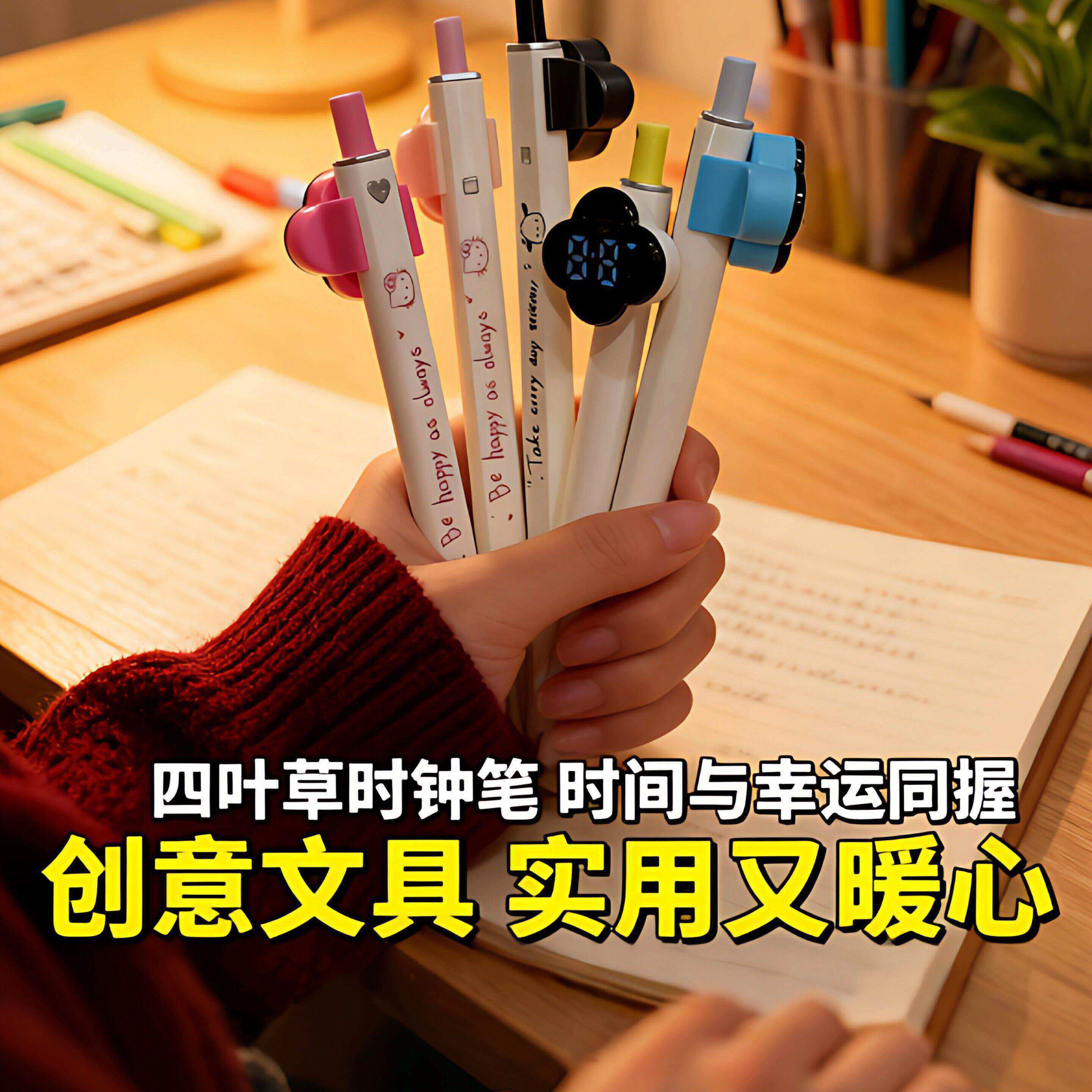 四叶草时间笔可以看时间的笔四叶草时钟笔带时间的高级文具中性笔