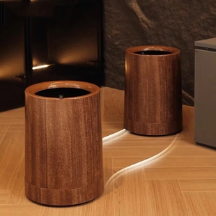 木纹带轮垃圾桶客厅家用新款带滑轮子可移动纸篓圆形厨房垃圾箱Y