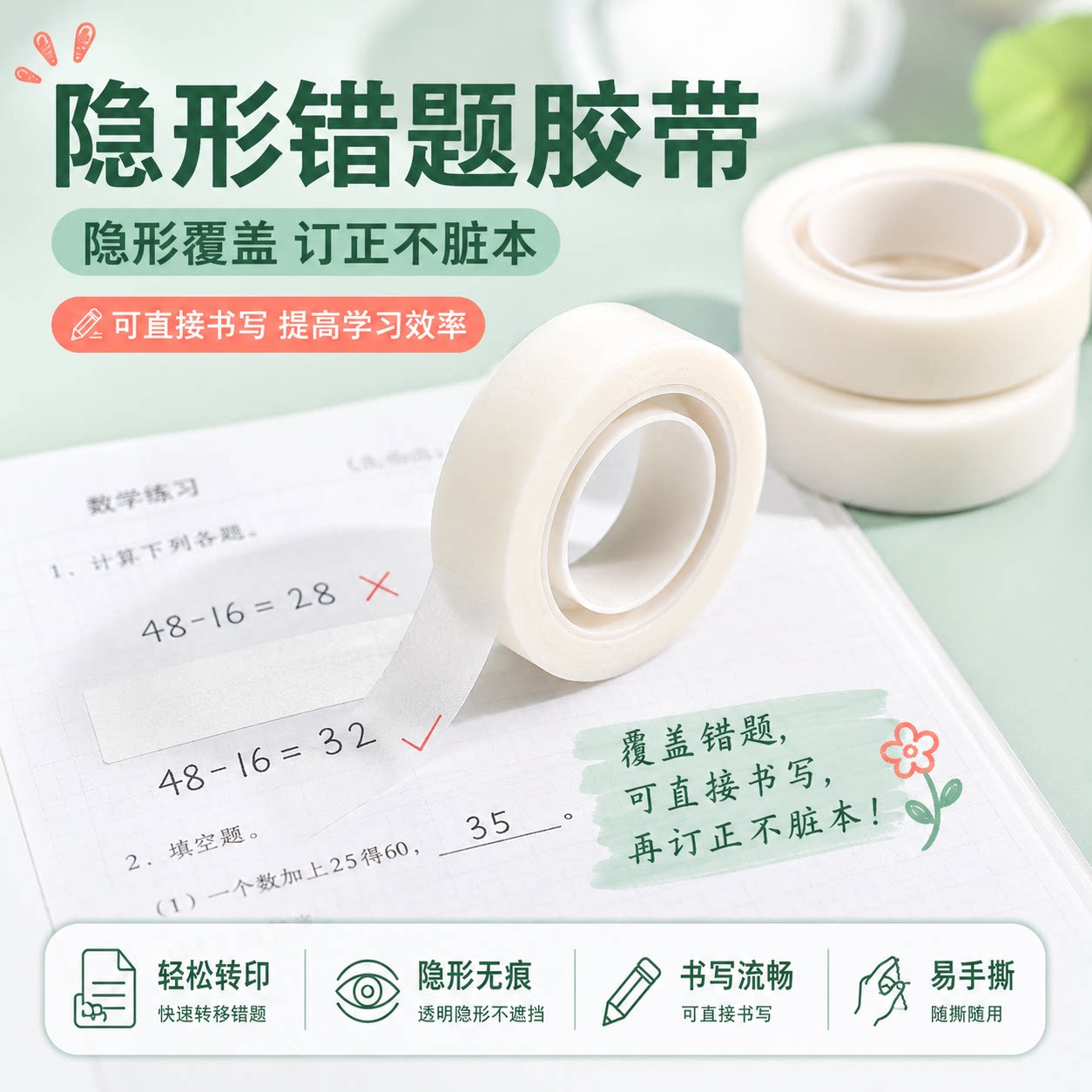 学生无痕隐形易撕可书写修补胶带