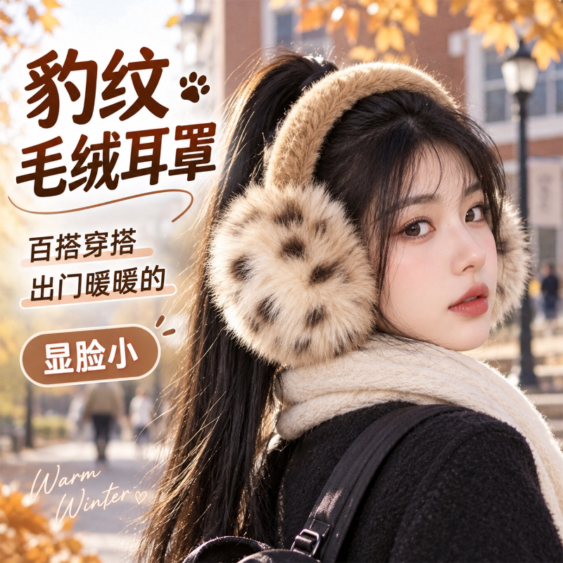 豹纹毛绒耳罩女冬季毛茸茸耳包耳套骑车防冻防寒保暖耳暖耳捂子