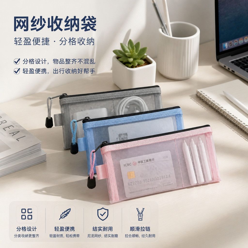 三格分层网纱收纳袋分格隔层多功能便携旅行透明可视收纳包证件袋