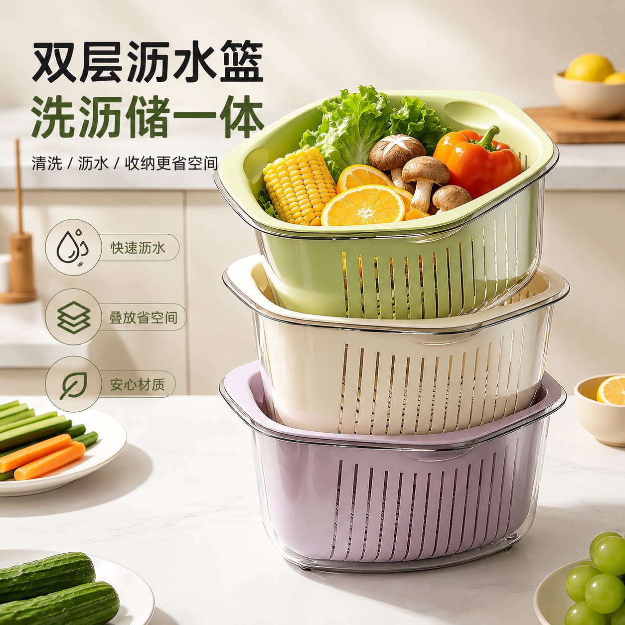 双层洗菜盆沥水篮快速沥水大容量