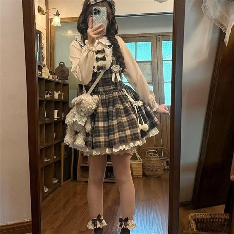 2026秋季日系甜美学院可爱蝴蝶结格纹背带两件套连衣裙小个子套装