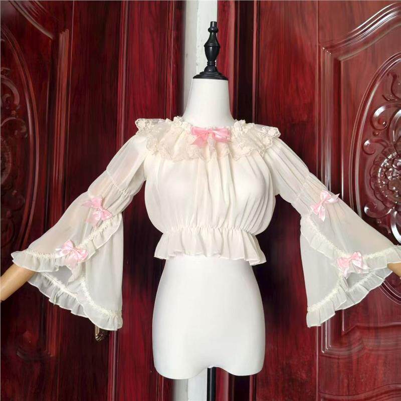 原创 Lolita 洋装雪纺喇叭袖长袖内搭蕾丝荷叶边百搭打底衫