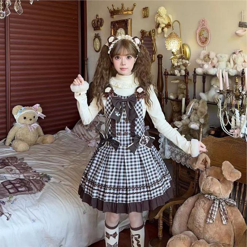 梦野家【格纹小熊】棕色系秋冬季Lolita洛丽塔背带lo裙可爱超萌