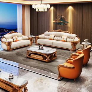 欧式 客厅大户型实木组合 别墅奢华乌金木真皮艺沙发现代简约新中式