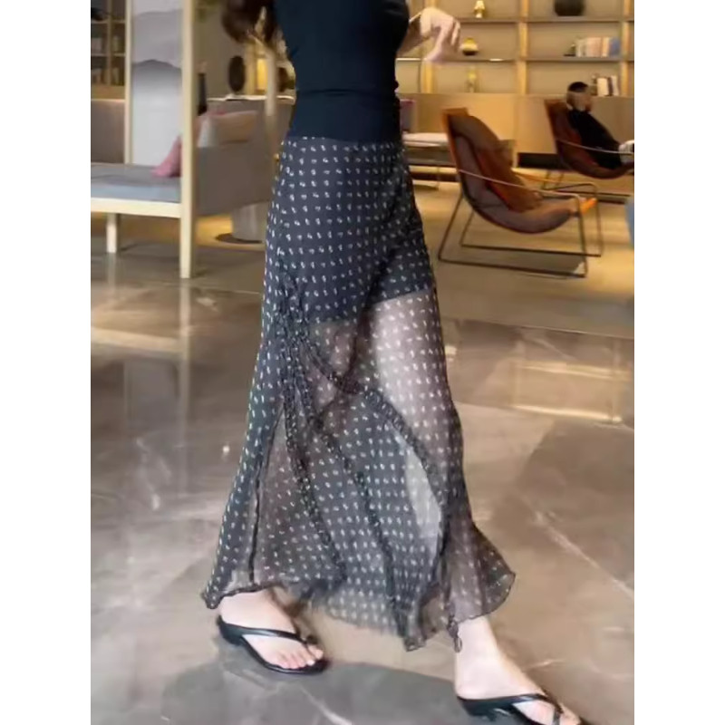 2026年夏季新款黑色纯欲高腰拼接印花微透半身裙女显瘦休闲A字裙,女装/女士精品,大码半身裙,淘宝优惠券,粉丝福利购,淘宝优惠卷