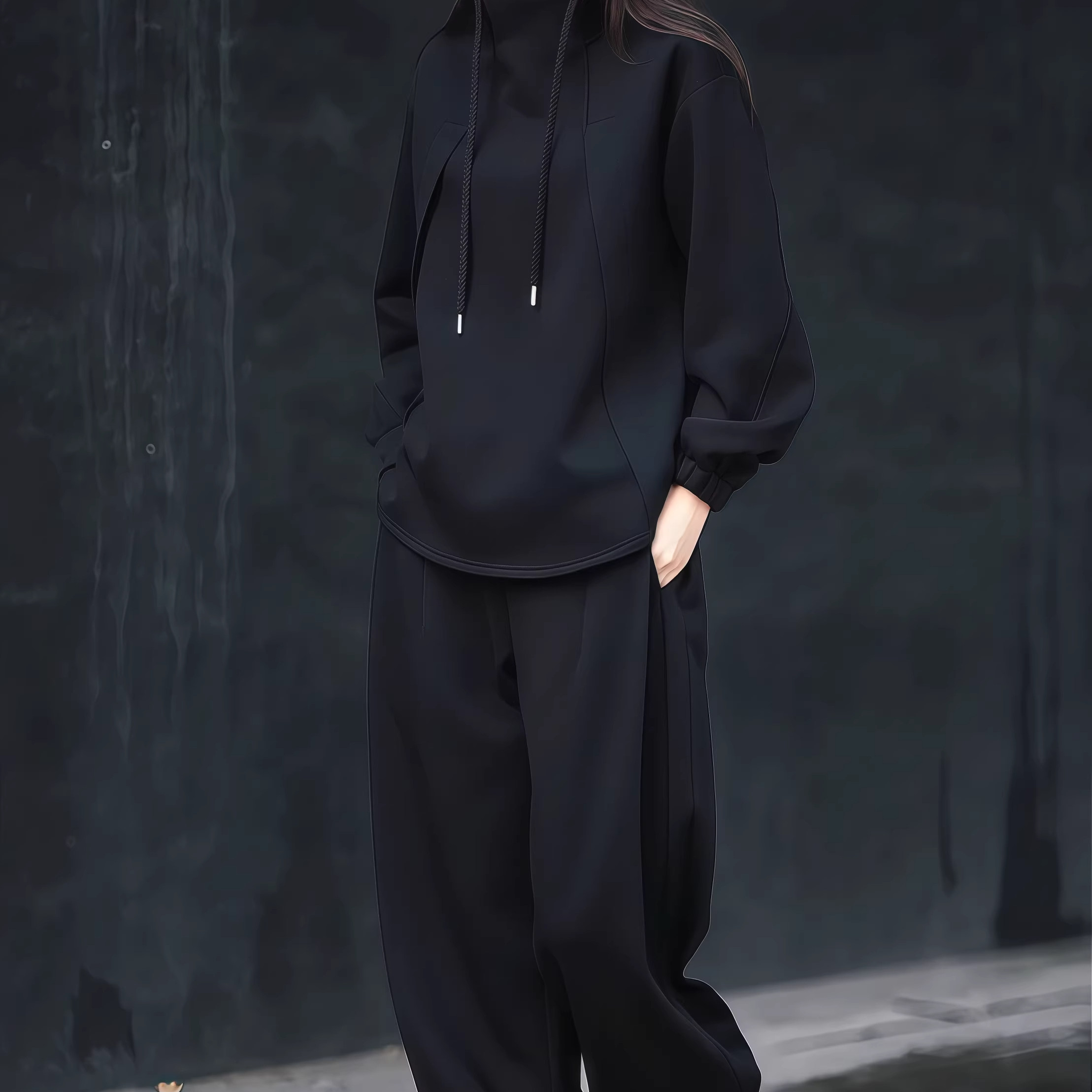 极简风黑色连帽卫衣卫裤两件套女2026秋冬季新款宽松休闲运动套装,女装/女士精品,时尚套装,淘宝优惠券,粉丝福利购,淘宝优惠卷