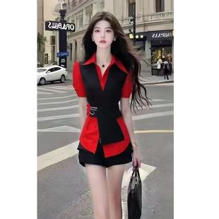 2026夏季温柔知性风设计感衬衫领修身收腰短袖红色上衣女气质女装