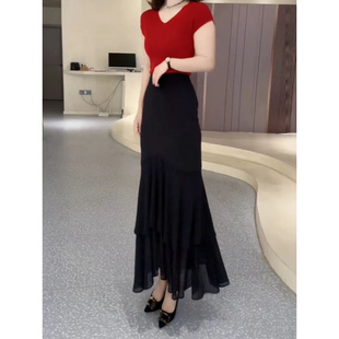 胖mm法式 轻奢知性风显瘦包臀裙 优雅复古黑色鱼尾半身裙c夏季 新款