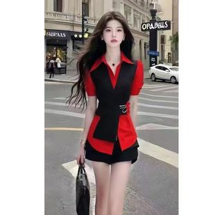 2026新款夏季温柔知性风设计感衬衫领修身显瘦收腰短袖红色上衣女