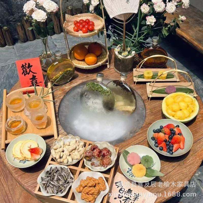 户外围炉煮茶桌烤肉方桌榆木复古圆形实木火锅桌子老榆木冰茶桌,住宅家具,茶几+电视柜,淘宝优惠券,粉丝福利购,淘宝优惠卷