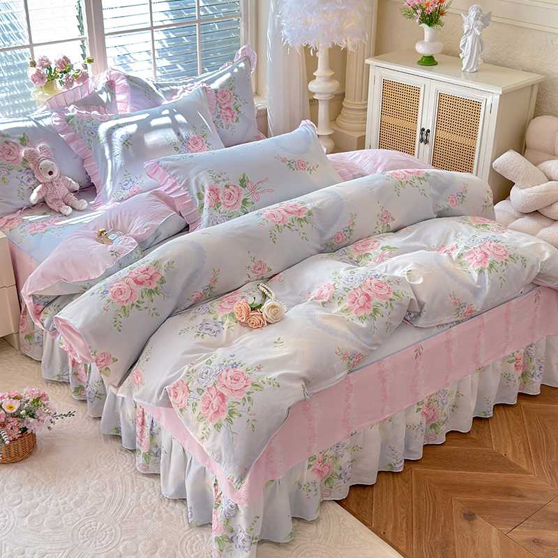 FUANINAIART韩版小清新印花新款全棉AB版单层床裙四件套单被套