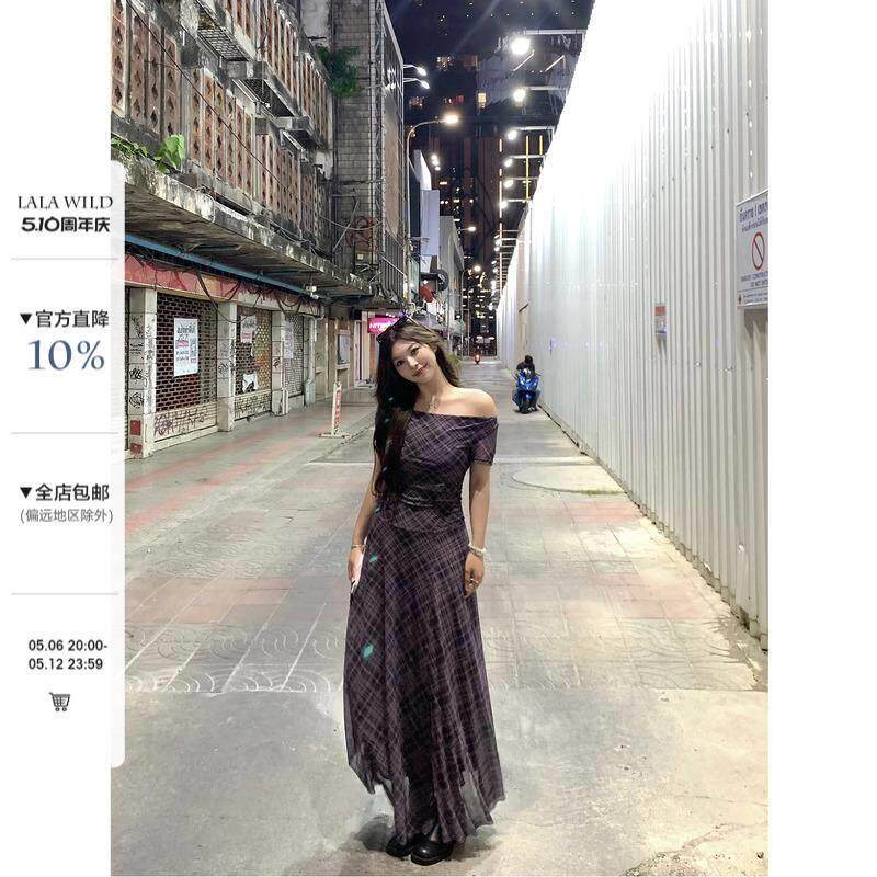 野生辣辣 氧气一夏 美式复古不规则格子荡领大码连衣裙甜辣A字裙