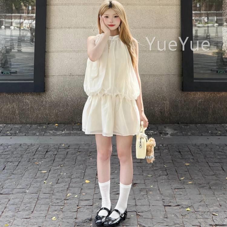法式无2袖挂脖连衣裙女2IUK0夏5季新款白色气质薄纱短度假绝美裙