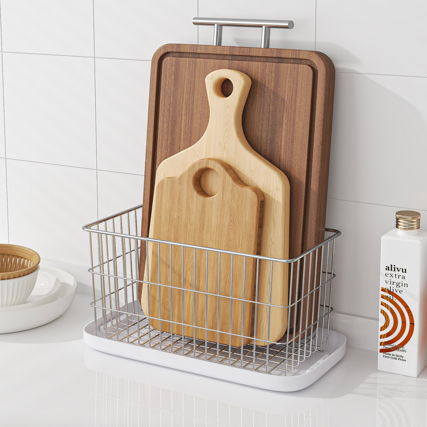 304不锈钢收纳篮带接水盘厨房台面砧板菜板水果调料置物浴室架子