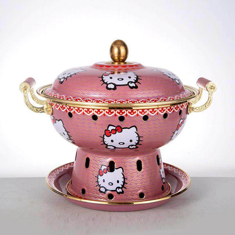 网红HelloKitty珐琅彩环保油铜火锅景泰蓝单人酒精锅纯铜家用商用