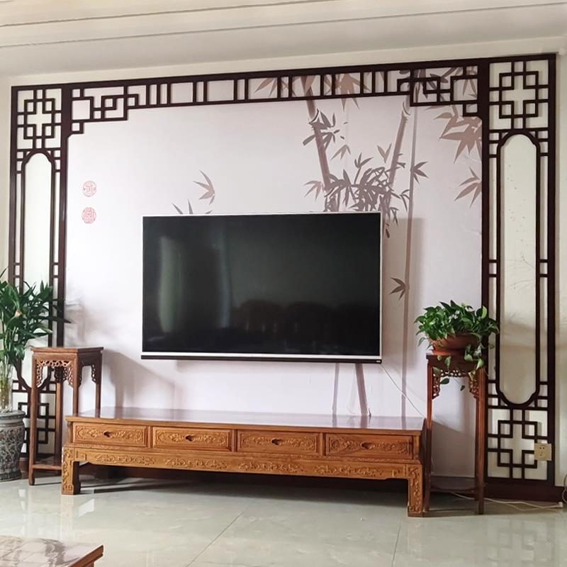 新中式电视背景墙边框木格栅镂空花格装饰PVC雕花板木隔断通花板